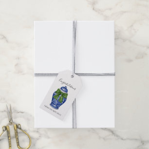 Etiqueta Para Presente Jarra de Gengibre Azul e Branco com Laço Verde