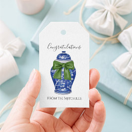 Etiqueta Para Presente Jarra de Gengibre Azul e Branco com Laço Verde