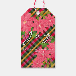Etiqueta Para Presente Joy Christmas Poinsettia Plaid Business Logo Gift