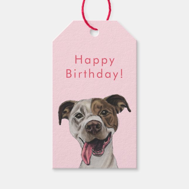 Etiqueta Para Presente Joyful Pit Bull Dog Drake | Feliz Aniversário (Frente)