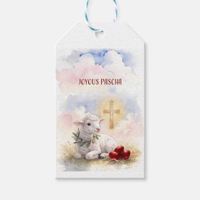 Etiqueta Para Presente Joyous Pascha Lamb, Red Eggs and Cross (Frente)