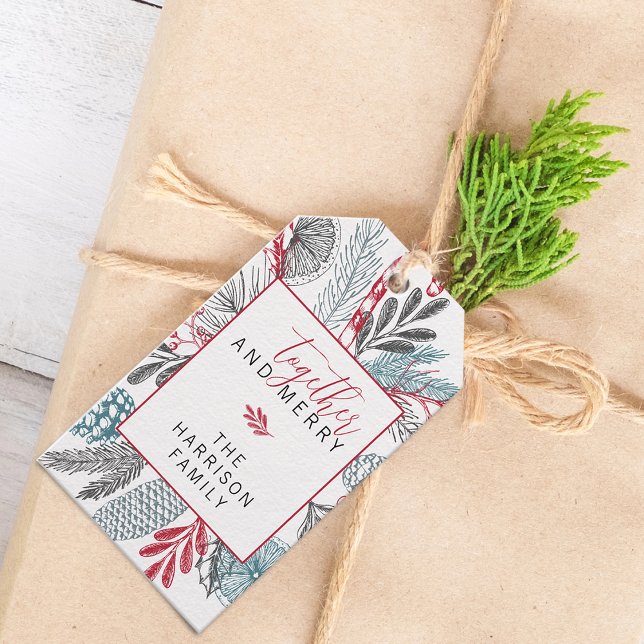 Etiqueta Para Presente Juntos e Feliz Verde de Férias (Together and Merry Holiday Greenery Gift Tags)