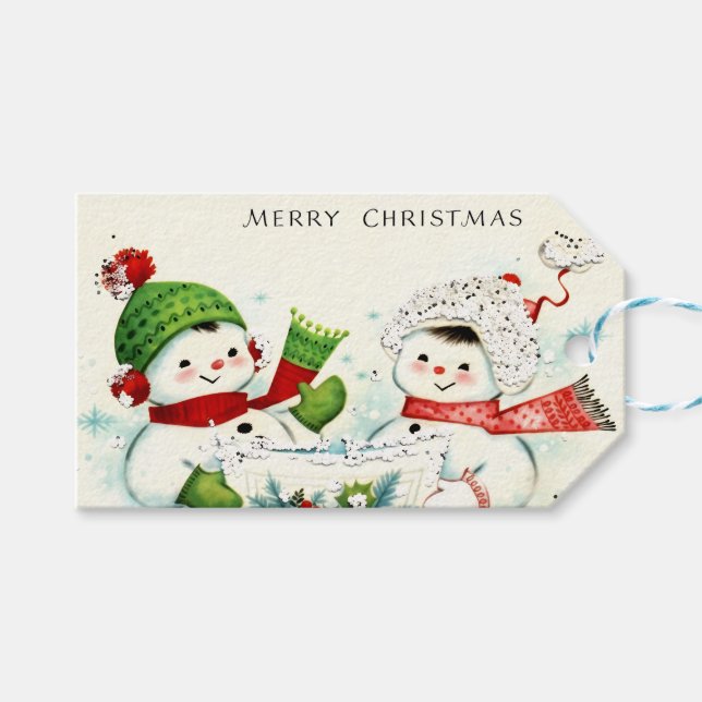 Etiqueta Para Presente Kitschy Retro Snowmen (Frente (horizontal))