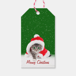 Etiqueta Para Presente Kitten em Santa Hat e flocos de neve 