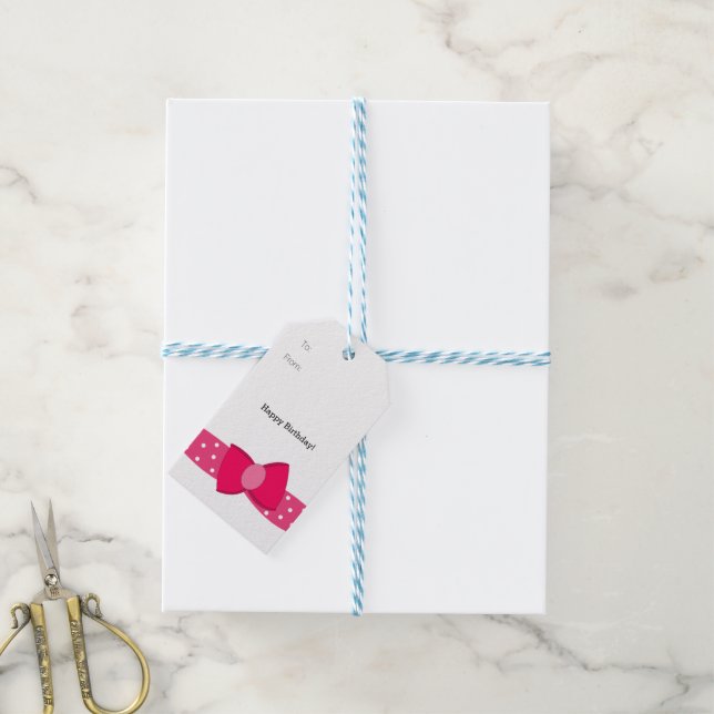 Etiqueta Para Presente Laço de Bolinhas Rosa (Com cordão)