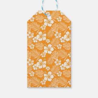 ETIQUETA PARA PRESENTE LARANJA COM FLORES DE HIBISCUS BRANCOS TROPICAIS