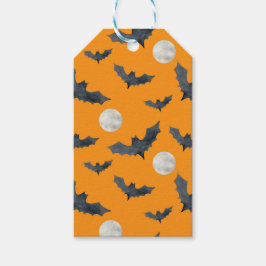 ETIQUETA PARA PRESENTE LARANJA COM MORCEGOS E LUAS PRETOS DE HALLOWEEN