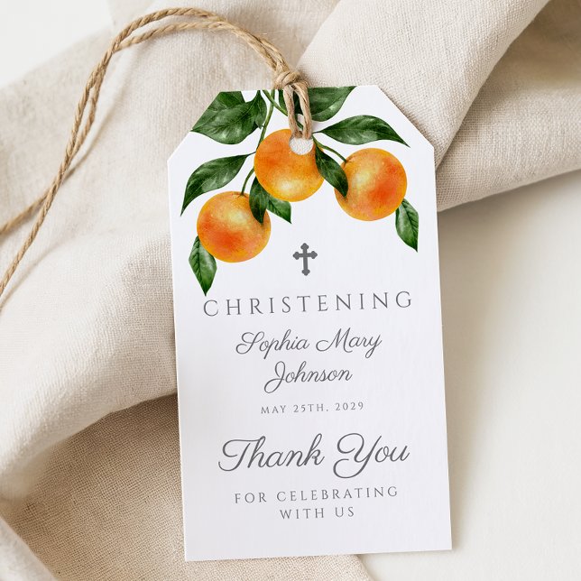 Etiqueta Para Presente Laranjas Botânicas Elegantes Batizado  (Elegant Botanical Oranges Christening Gift Tags)
