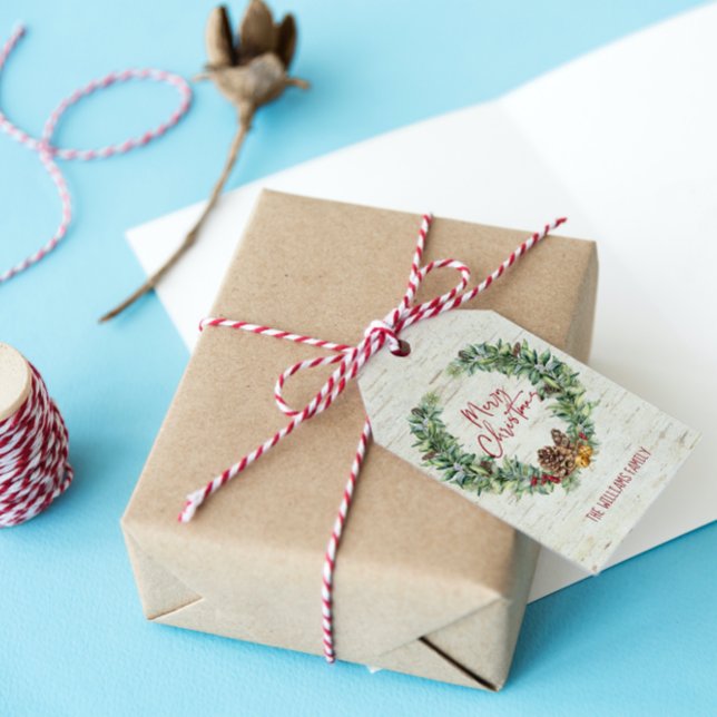 Etiqueta Para Presente Latido Rustic Felry Christmas Script Wreath Birch (Add an extra dash of sparkle and personality with these Christmas gift tags!)
