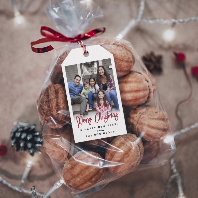 Etiqueta Para Presente Letra Vermelha Merry Christmas Foto Moderna (Criador carregado)