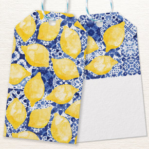 Etiqueta Para Presente Limão Citrus Watercolor Azulejo Azul Mediterrâneo