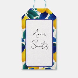 Etiqueta Para Presente Limão Vibrante e Folhas Azuis Padrão de Aquarela