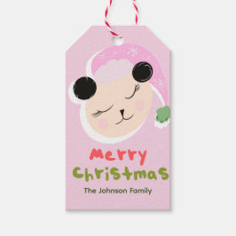 Etiqueta Para Presente Linda Família de Panda de Natal com Chapéu Rosa de