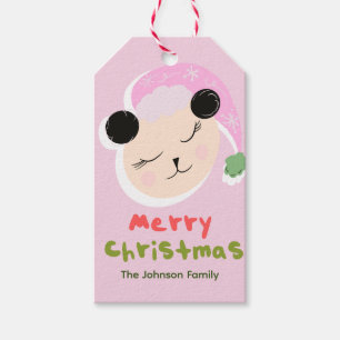 Etiqueta Para Presente Linda Família de Panda de Natal com Chapéu Rosa de