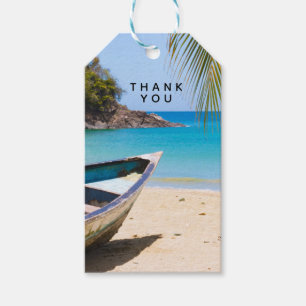 Etiqueta Para Presente Linda praia tropical com um barco de remo Obrigado