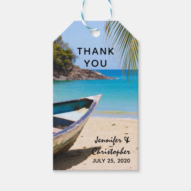 Etiqueta Para Presente Linda Praia Tropical com um Rowboat Obrigado (Frente)