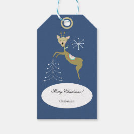 Etiqueta Para Presente Lindo cervo com árvores de Natal e flocos de neve