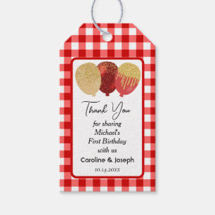 Etiqueta Para Presente Lindo Gingham Vermelho e 3 Balões de Brilho Aniver