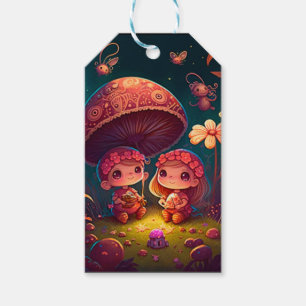 Etiqueta Para Presente Lindos elfos brincam sob cogumelos