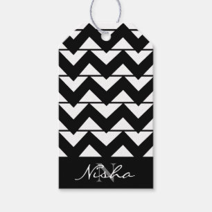 Etiqueta Para Presente Listras de Chevron Preto e Branco Personalizadas
