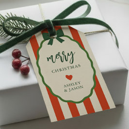 Etiqueta Para Presente Listras Elegantes Vermelho e Verde Natal Alegre Re