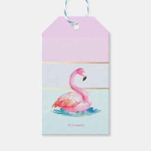 Etiqueta Para Presente Listras Pastel Modernas,Flamingos Rosa 