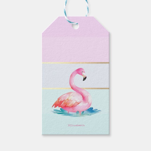 Etiqueta Para Presente Listras Pastel Modernas,Flamingos Rosa  (Frente)