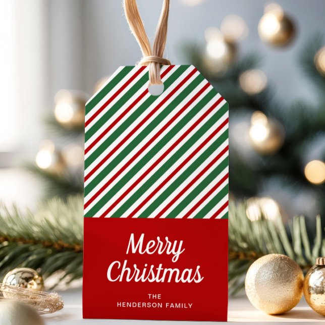 Etiqueta Para Presente Listras Vermelhas Clássicas Feliz Natal (Classic Red Stripes Merry Christmas Gift Tags)