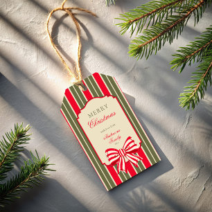 Etiqueta Para Presente Listras vermelhas e verdes retrô de Natal com laço