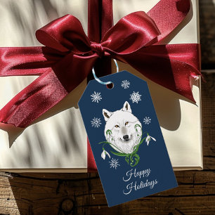 Etiqueta Para Presente Lobo Ártico Branco Místico Flor-de-Neve Azul de In