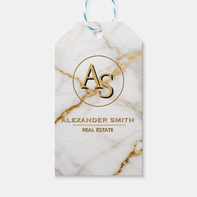 Etiqueta Para Presente Luxury White Marble Gold Monogram Real Estate  (Frente)