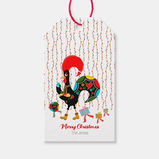 Etiqueta Para Presente Luzes de Natal, baubles, presentes e galos (Frente)