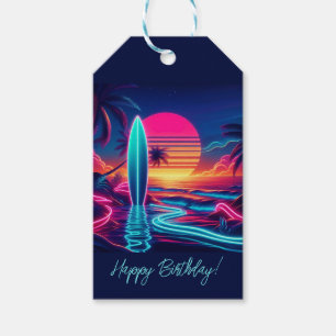 Etiqueta Para Presente Luzes de Neon do Surfboard Sunset