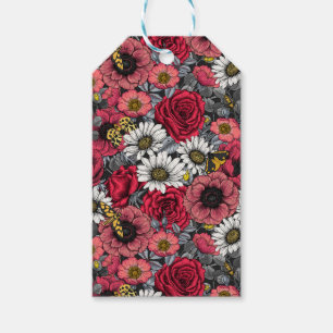 Etiqueta Para Presente Luzes sobre mistura de flores em vermelho e cinza