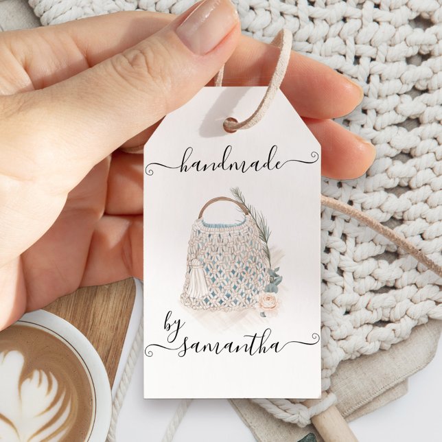 Etiqueta Para Presente Macrame de Instruções de Cuidados Fabricado por No (Handmade hang tags with boho boutique macrame or crochet bag)