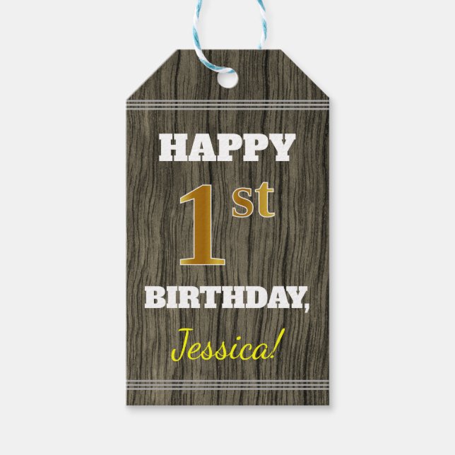 Etiqueta Para Presente Madeira Faux, primeiro aniversario Dourado Faux +  (Frente)