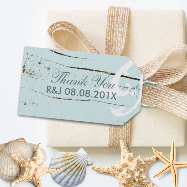 Etiqueta Para Presente Madeira legante BLue Seashells Beach (Elegant wood BLue Seashells Beach Wedding favor Gift Tags)