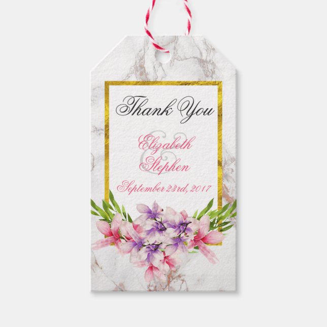 Etiqueta Para Presente Magnolias de Aquarela, Textura Marble Faux Casamen (Frente)