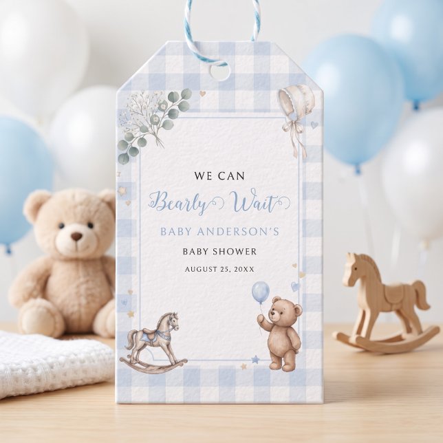 Etiqueta Para Presente Mal Podemos Esperar Urso de Aguarela Azul (We Can Bearly Wait Blue Watercolor Boy Teddy Bear Gift Tags)