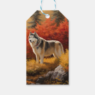 Etiqueta Para Presente Malamute do Alasca em Outono Folhas Caem Inspirad