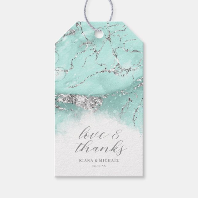 Etiqueta Para Presente Marble Glitter Wedding Obrigados Teal Silver ID644 (Frente)