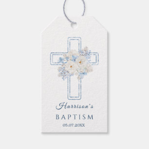 Etiqueta Para Presente Marca de Presente de Batismo Floral Azul Cruz