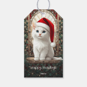 Etiqueta Para Presente Marca de Presente de Gatinho Branco com Chapéu de
