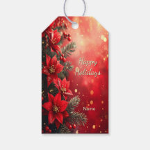 Marca de Presente de Poinsettias Vermelhas e Fruta