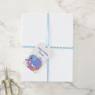 Etiqueta Para Presente Marcas de Presente Florais Elefante Azul Feliz Ani