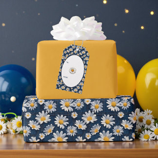 Etiqueta Para Presente Margaridas no Aniversário de Jeans Azul 