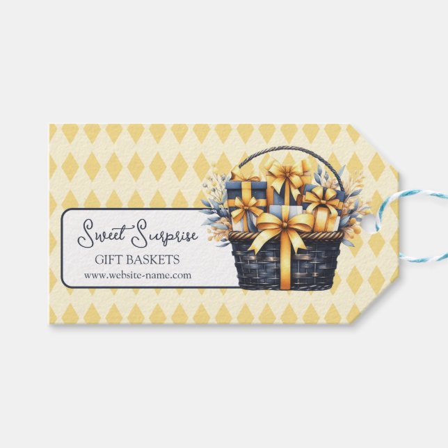 Etiqueta Para Presente Marinho Azul - Cesto de Presente Amarelo (Frente (horizontal))