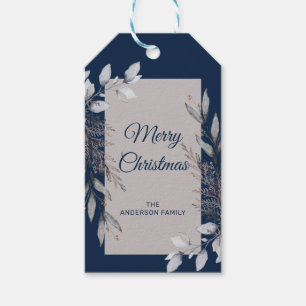 Etiqueta Para Presente Marinho azul Cinza azul Folhagem de inverno Feliz