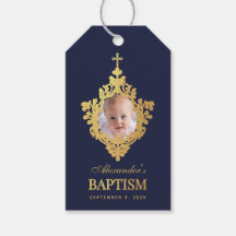 Marinho Batismo Foto Azul Faux Dourado Elegante