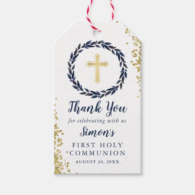 Etiqueta Para Presente Marinho Blue Wreath Dourado Glitter Primeira Comun (Frente)